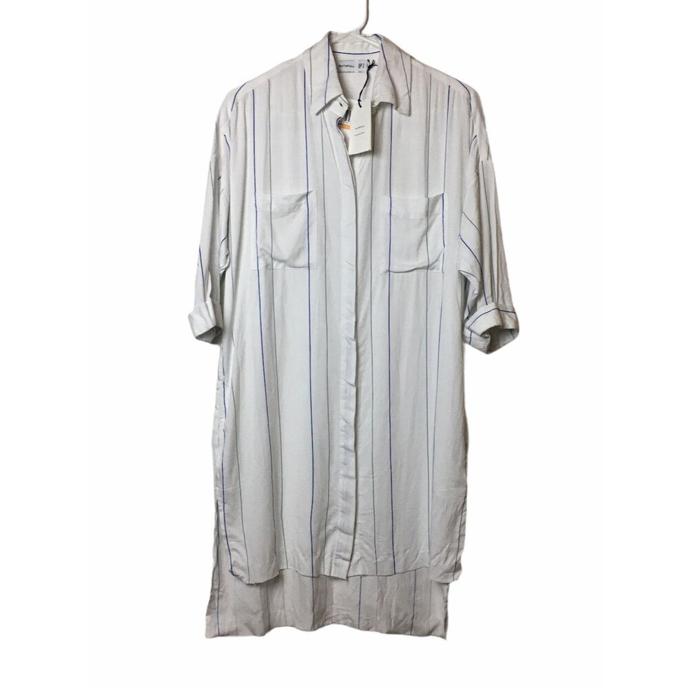 Faithfull Shirt Dress Tunic Size S White Beach Newport Striped Pocket 3/4 Sleeve
